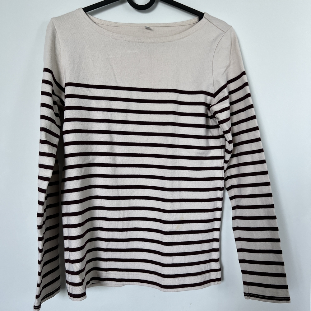 Muji Cream and Burgundy Striped Crew Neck Sweater